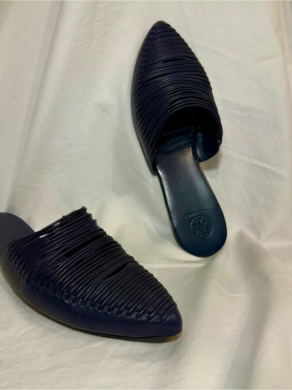 Tory Burch Navy Pointed-Toe Woven Slip-On Mules